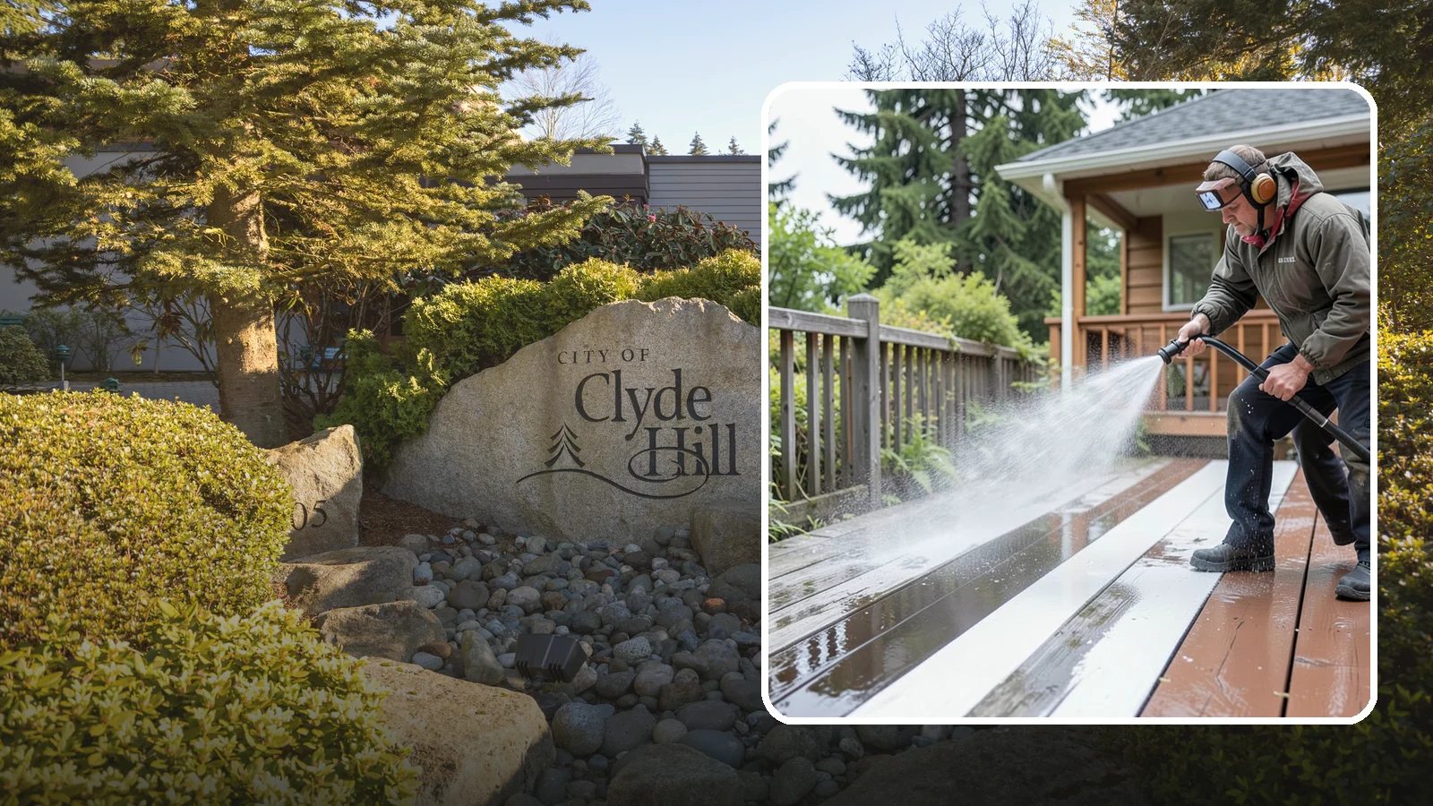 Deck Washing in Clyde Hill, King County, WA - Soft wash decks to lift grey weathering and green growth without gouging the wood.