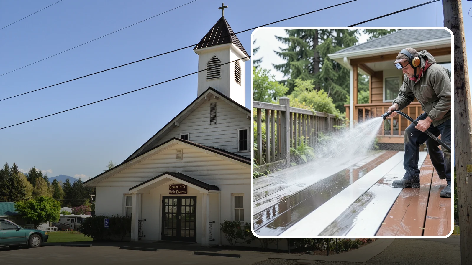 Deck Washing in Concrete, Skagit County, WA - Soft wash decks to lift grey weathering and green growth without gouging the wood.