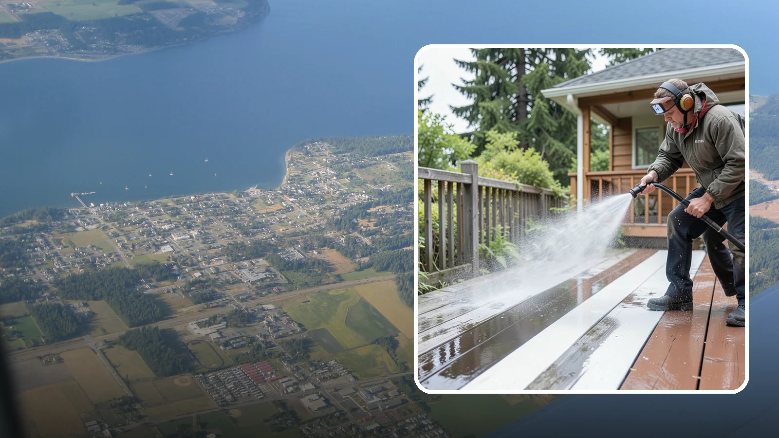 Deck Washing in Coupeville, Island County, WA - Soft wash decks to lift grey weathering and green growth without gouging the wood.