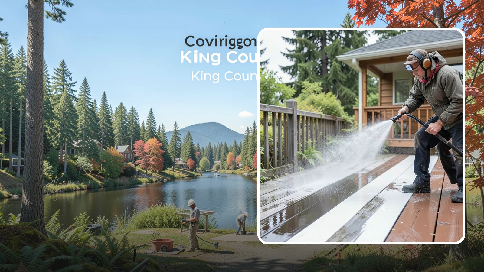 Deck Washing in Covington, King County, WA - Soft wash decks to lift grey weathering and green growth without gouging the wood.
