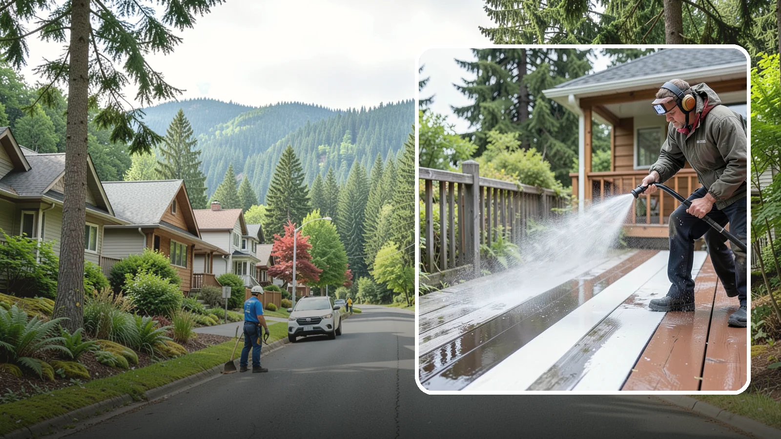 Deck Washing in Darrington, Snohomish County, WA - Soft wash decks to lift grey weathering and green growth without gouging the wood.