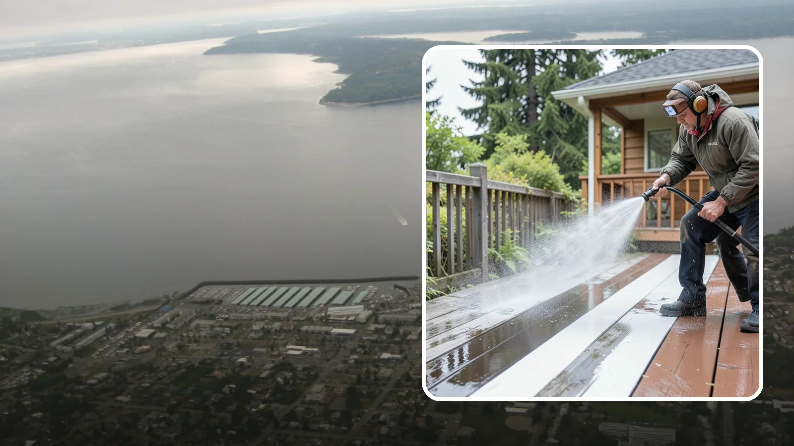 Deck Washing in Des Moines, King County, WA - Soft wash decks to lift grey weathering and green growth without gouging the wood.