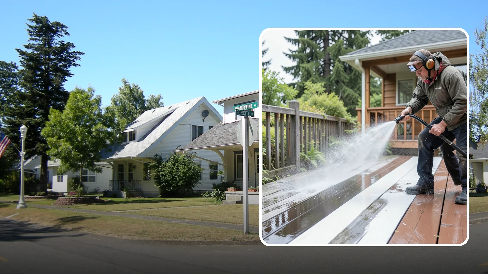Deck Washing in DuPont, Pierce County, WA - Soft wash decks to lift grey weathering and green growth without gouging the wood.