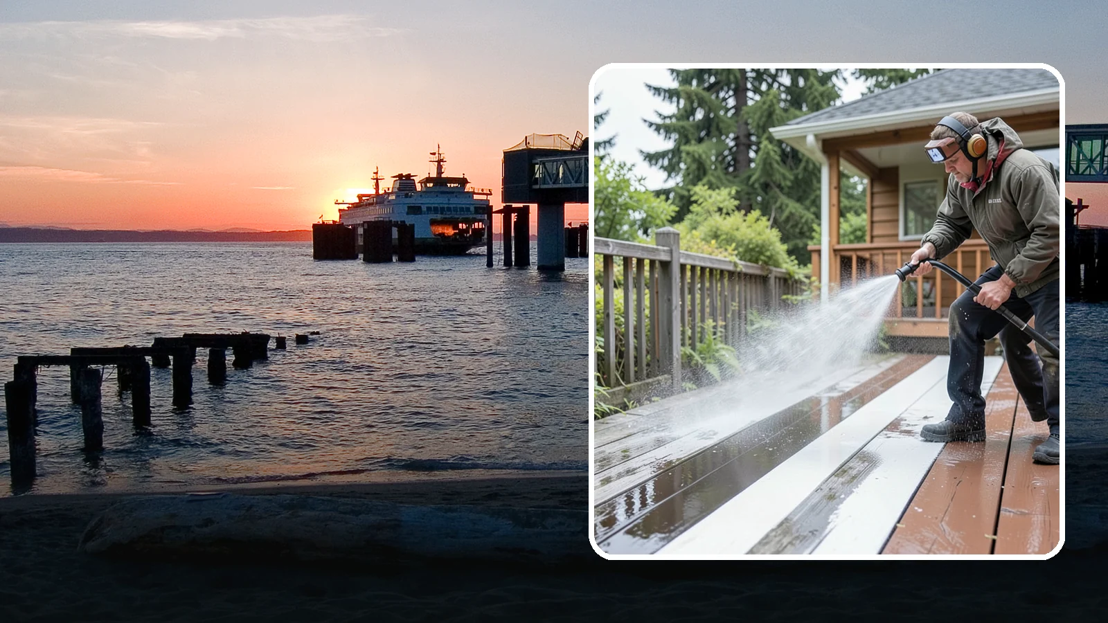 Deck Washing in Edmonds, Snohomish County, WA - Soft wash decks to lift grey weathering and green growth without gouging the wood.