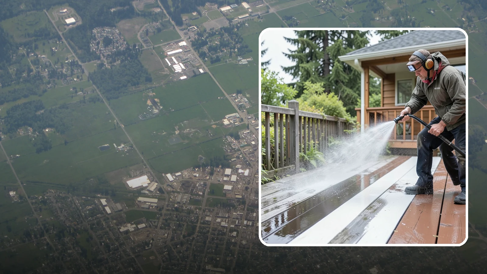 Deck Washing in Enumclaw, King County, WA - Soft wash decks to lift grey weathering and green growth without gouging the wood.