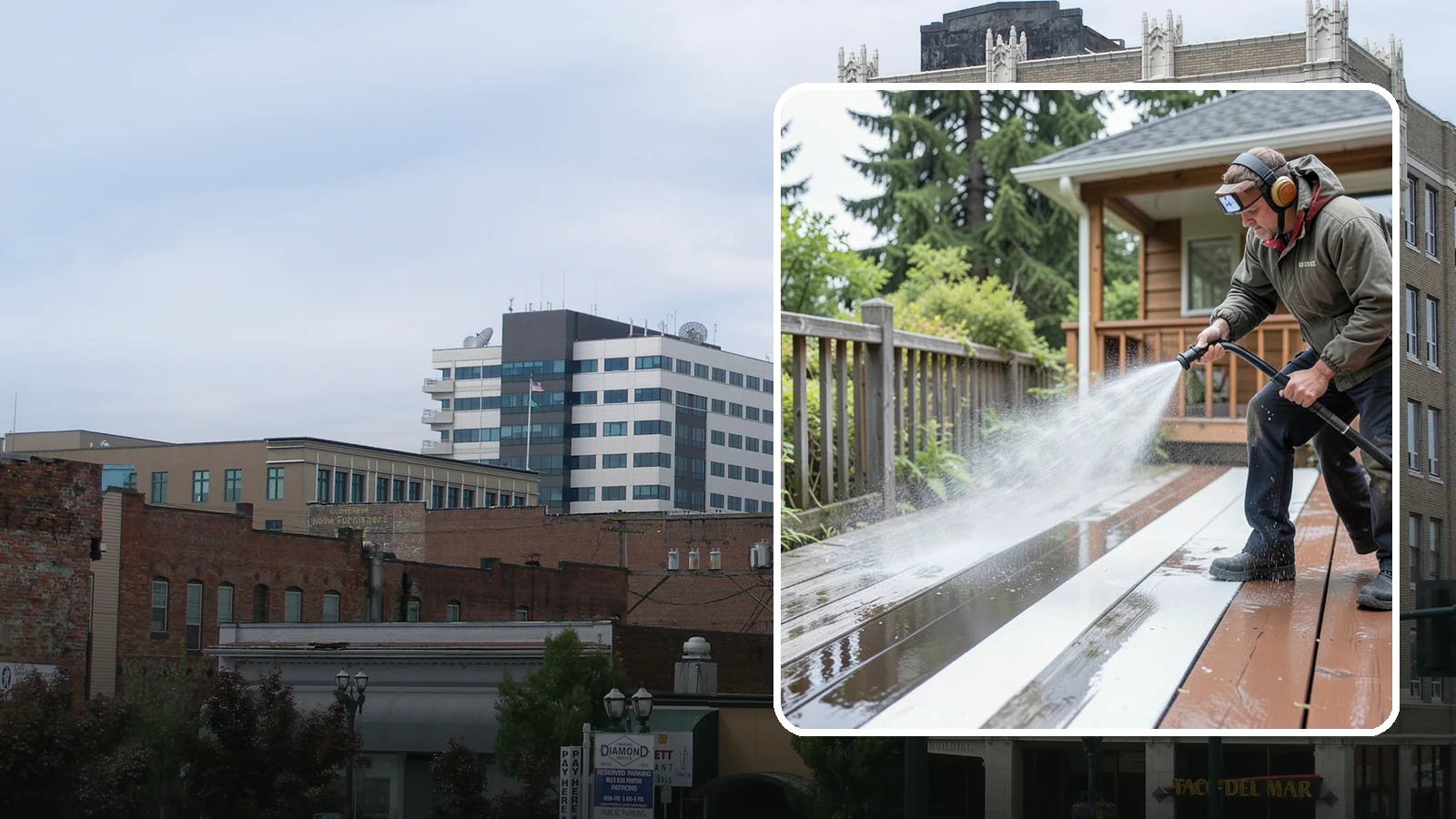 Deck Washing in Everett, Snohomish County, WA - Soft wash decks to lift grey weathering and green growth without gouging the wood.