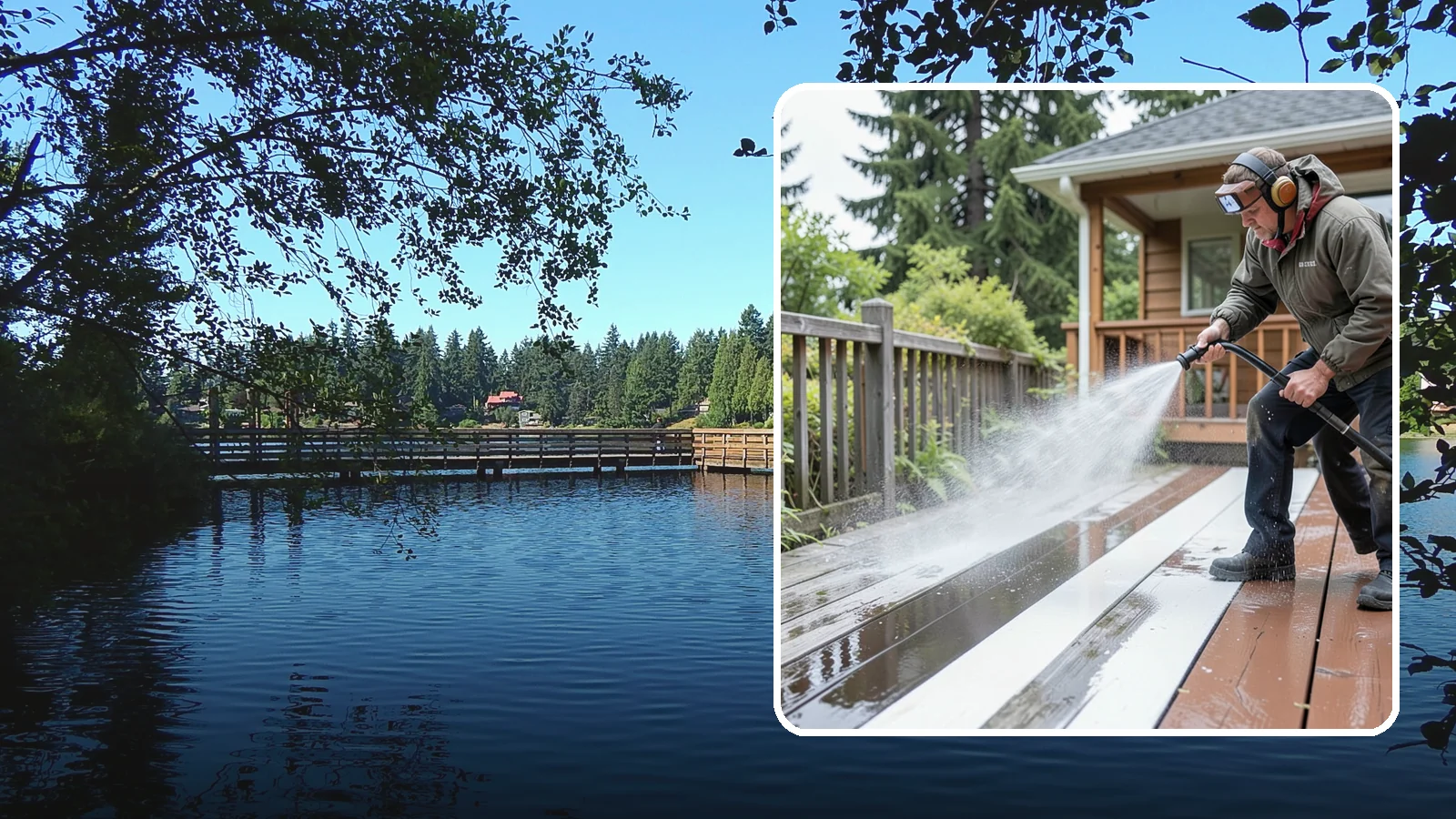 Deck Washing in Federal Way, King County, WA - Soft wash decks to lift grey weathering and green growth without gouging the wood.