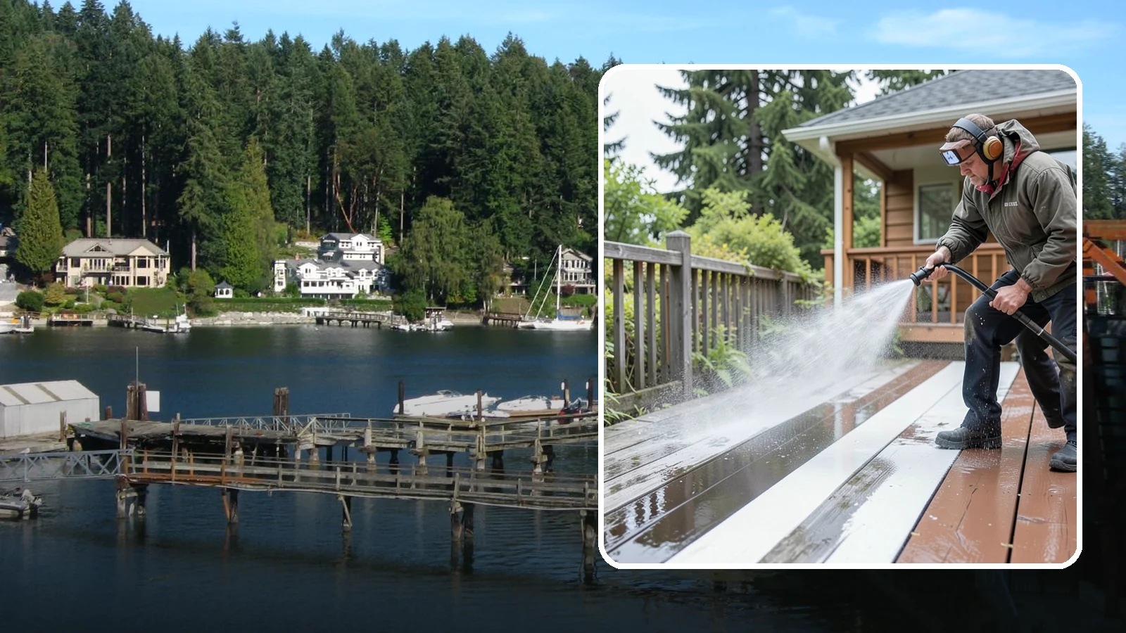 Deck Washing in Gig Harbor, Pierce County, WA - Soft wash decks to lift grey weathering and green growth without gouging the wood.