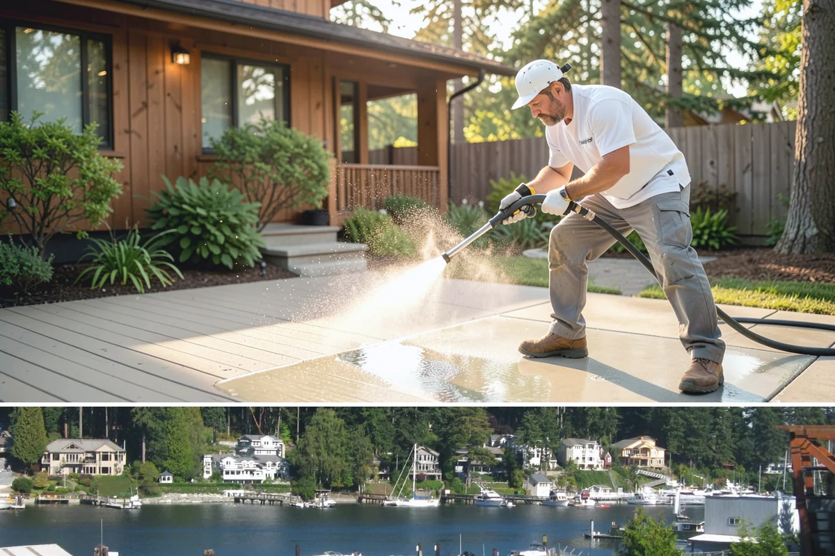 Deck Washing in Gig Harbor, Pierce County, WA - Wash decks in early summer so the wood can dry and take a finish before fall.