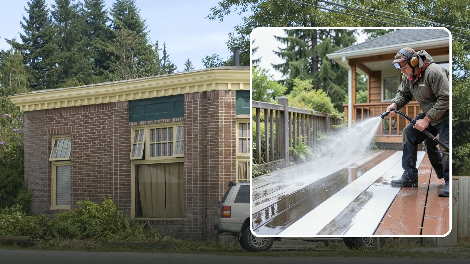 Deck Washing in Hamilton, Skagit County, WA - Soft wash decks to lift grey weathering and green growth without gouging the wood.