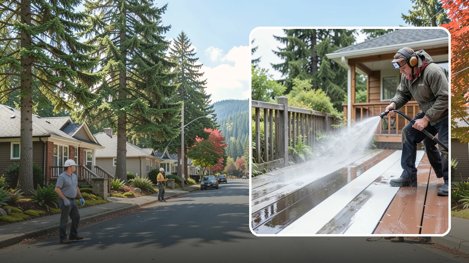 Deck Washing in Hunts Point, King County, WA - Soft wash decks to lift grey weathering and green growth without gouging the wood.