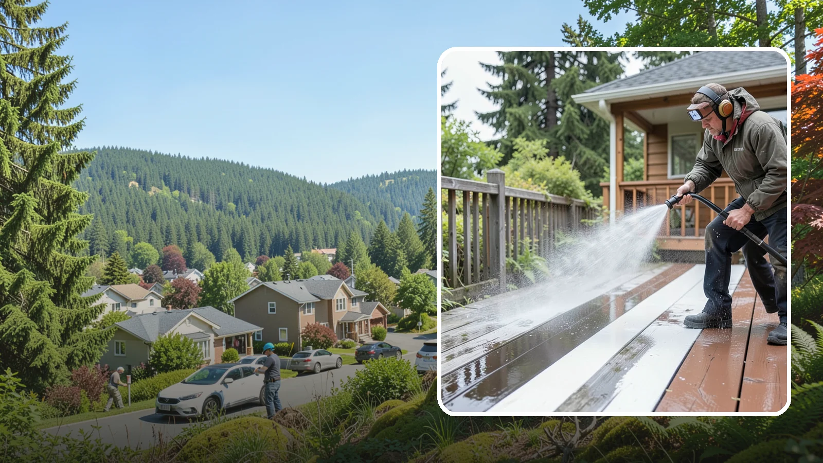 Deck Washing in Index, Snohomish County, WA - Soft wash decks to lift grey weathering and green growth without gouging the wood.
