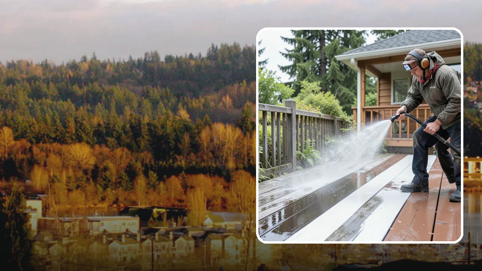 Deck Washing in Kenmore, King County, WA - Soft wash decks to lift grey weathering and green growth without gouging the wood.