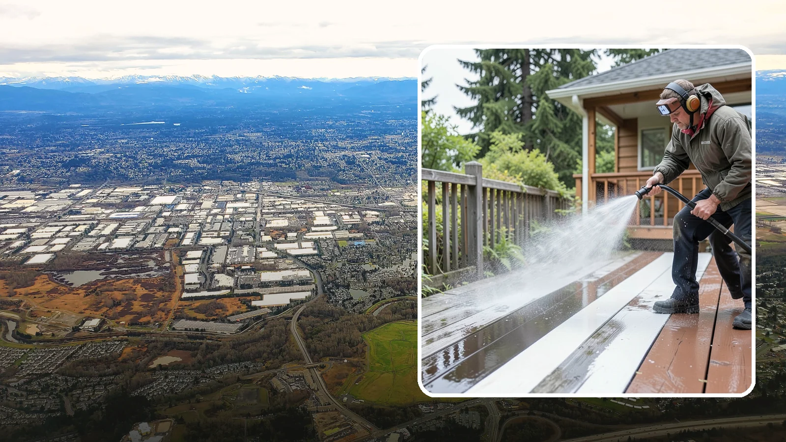 Deck Washing in Kent, King County, WA - Soft wash decks to lift grey weathering and green growth without gouging the wood.