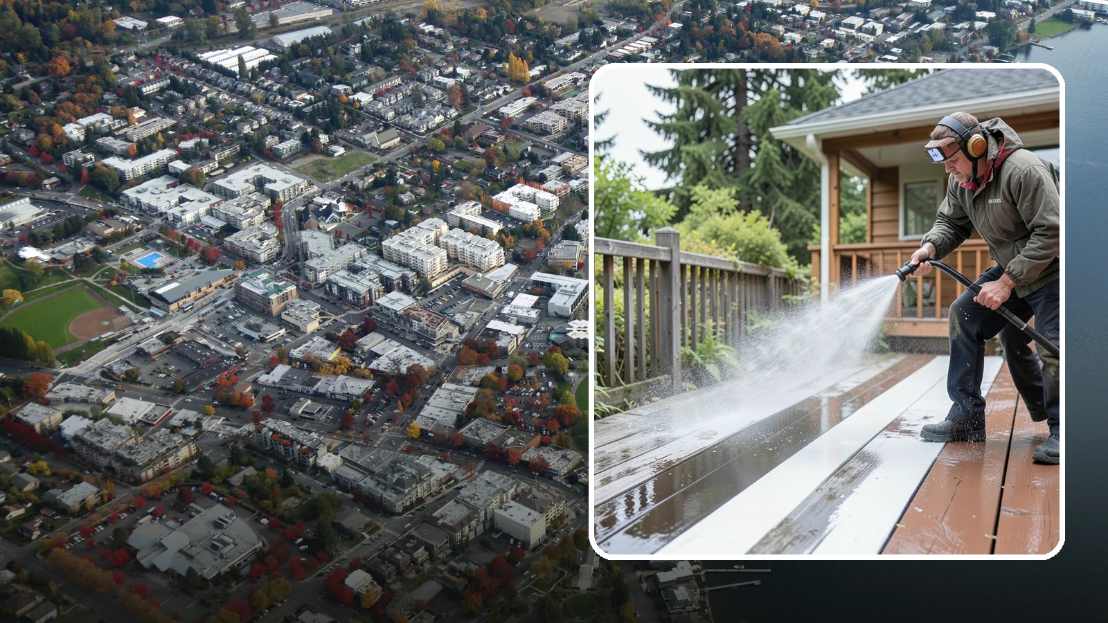 Deck Washing in Kirkland, King County, WA - Soft wash decks to lift grey weathering and green growth without gouging the wood.