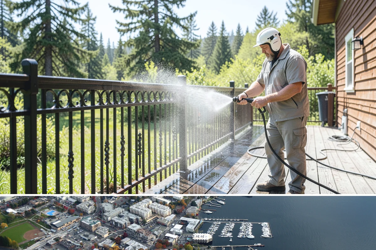 Deck Washing in Kirkland, King County, WA - Wash decks in early summer so the wood can dry and take a finish before fall.