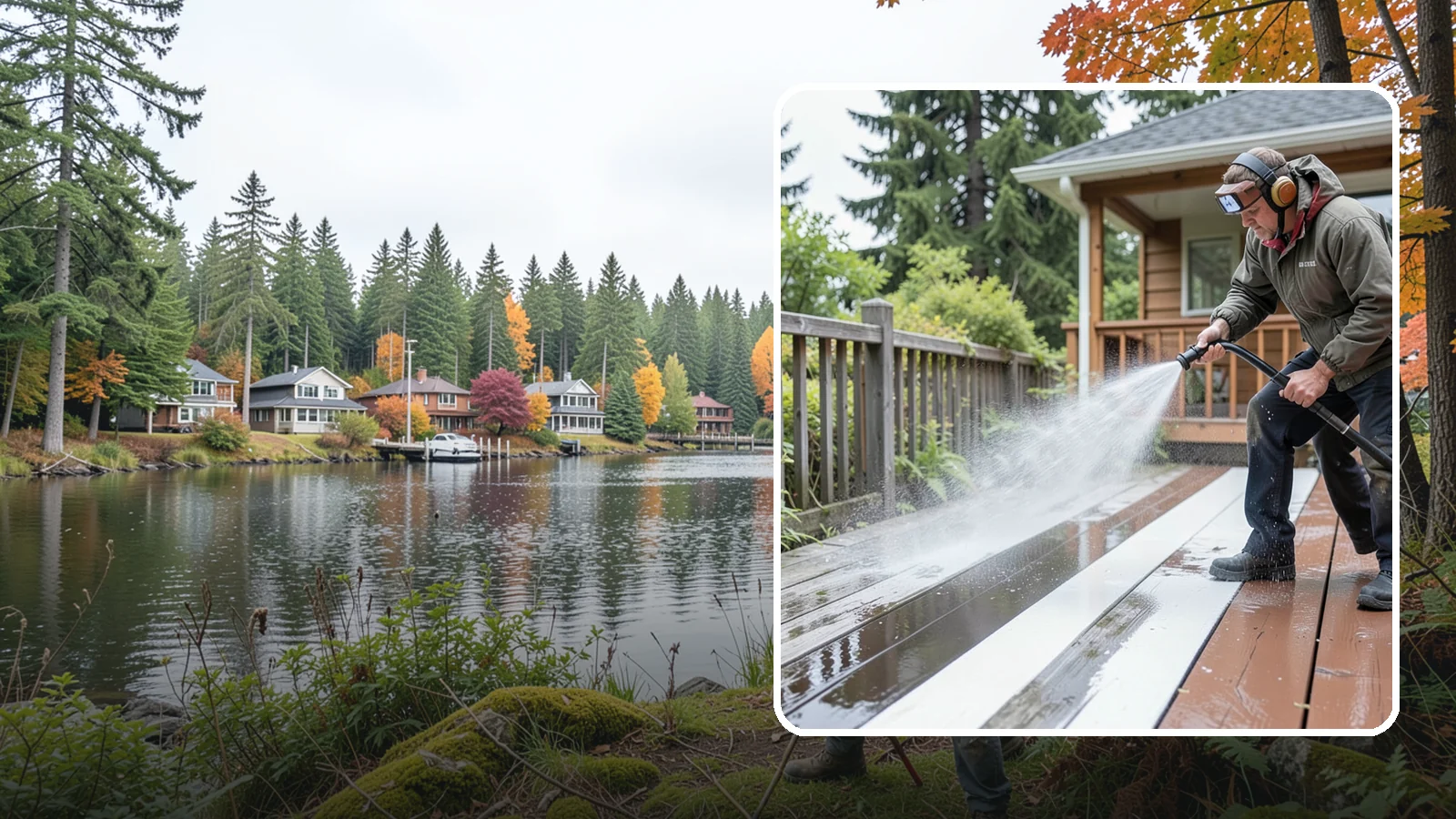 Deck Washing in La Conner, Skagit County, WA - Soft wash decks to lift grey weathering and green growth without gouging the wood.