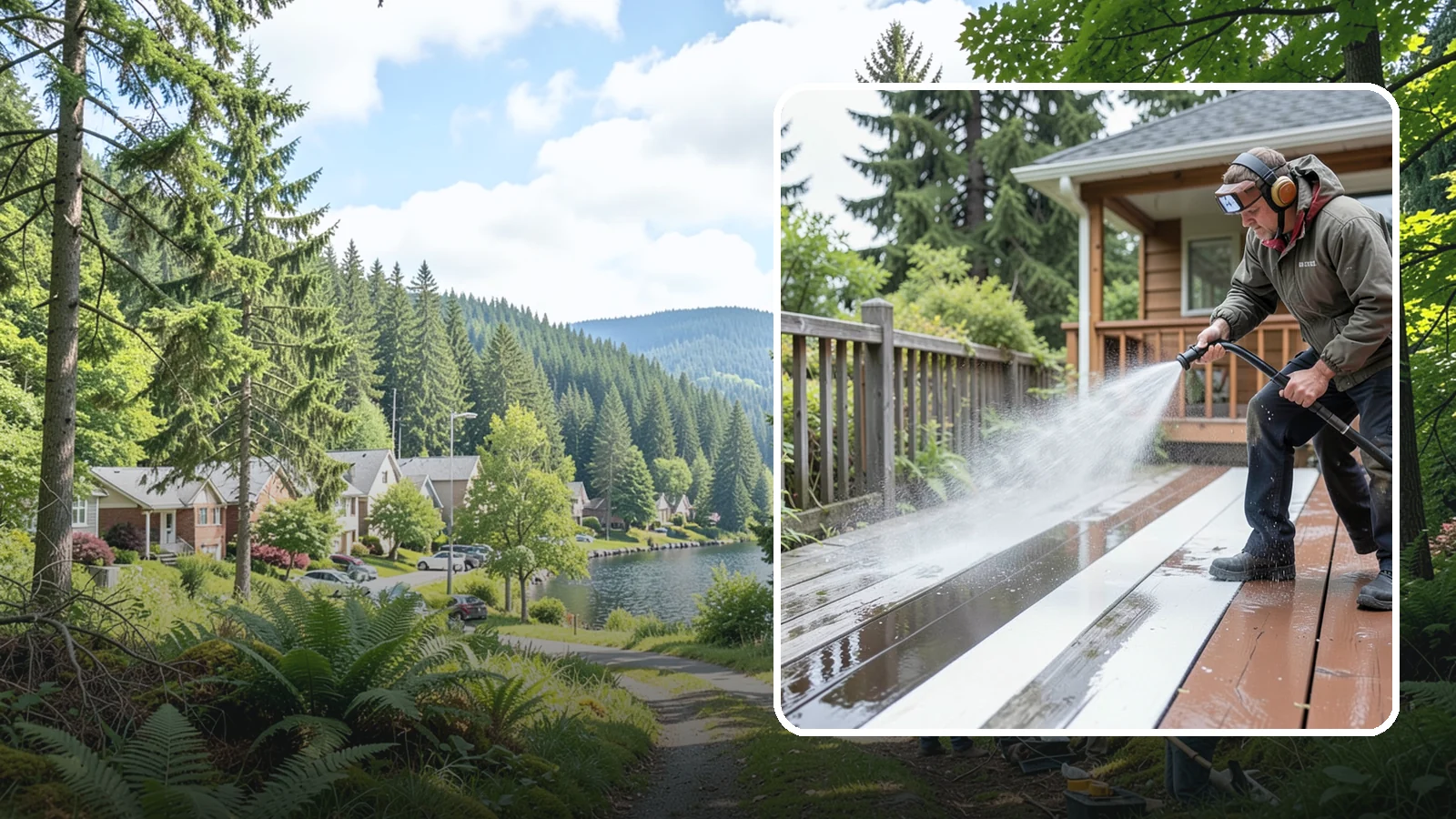 Deck Washing in Lake Forest Park, King County, WA - Soft wash decks to lift grey weathering and green growth without gouging the wood.