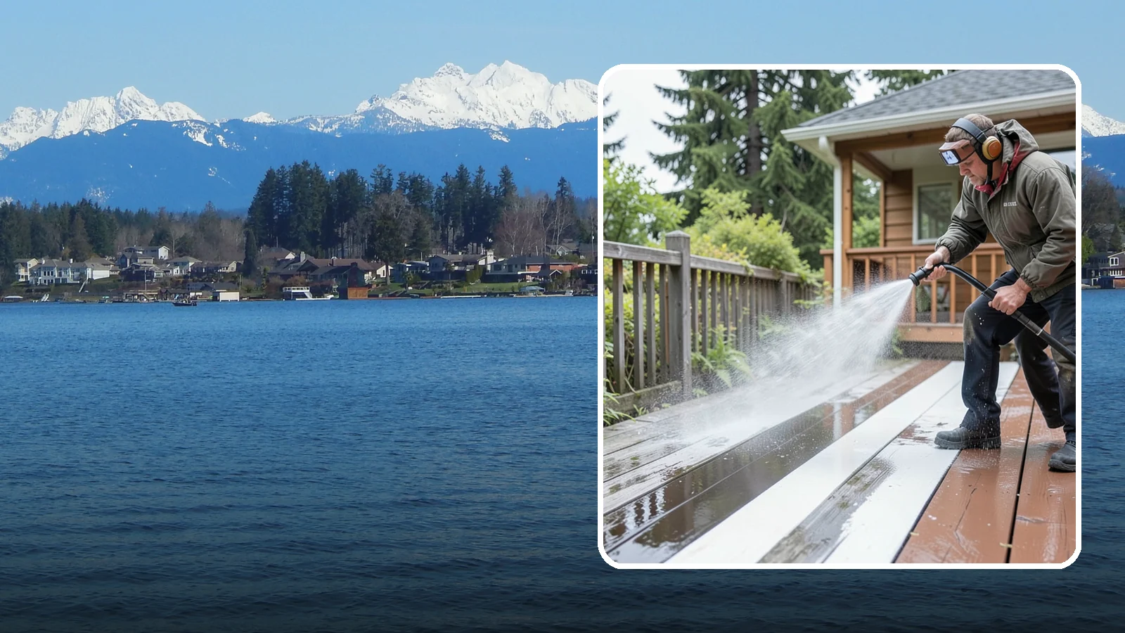 Deck Washing in Lake Stevens, Snohomish County, WA - Soft wash decks to lift grey weathering and green growth without gouging the wood.
