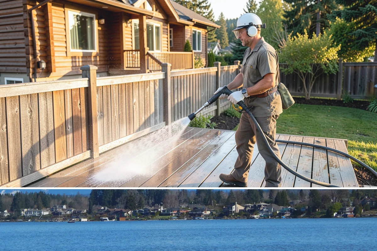 Deck Washing in Lake Stevens, Snohomish County, WA - Wash decks in early summer so the wood can dry and take a finish before fall.
