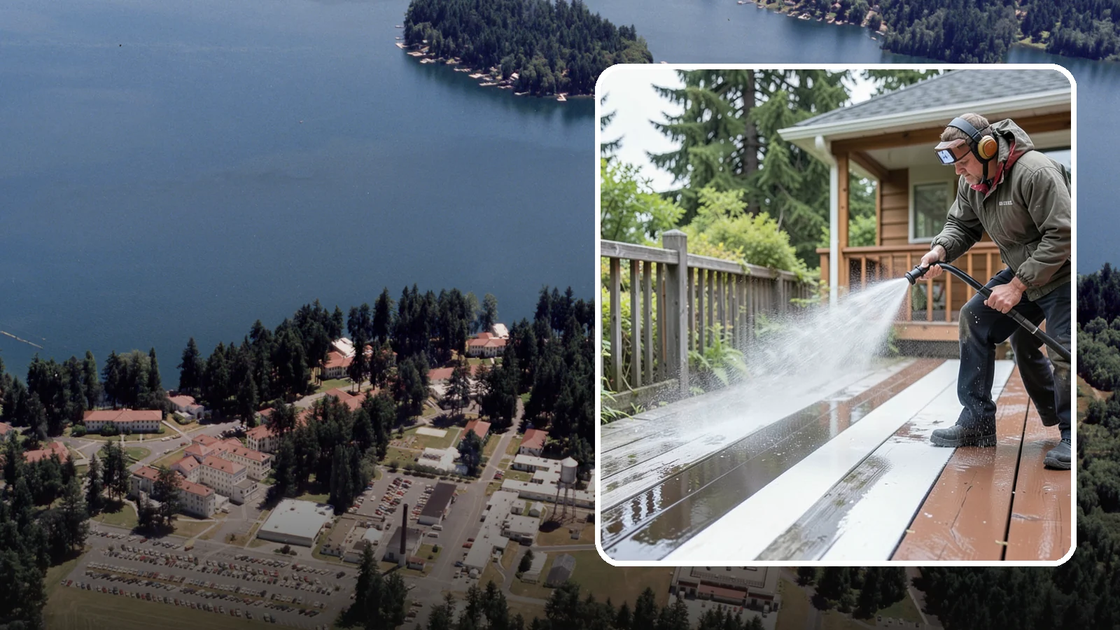 Deck Washing in Lakewood, Pierce County, WA - Soft wash decks to lift grey weathering and green growth without gouging the wood.