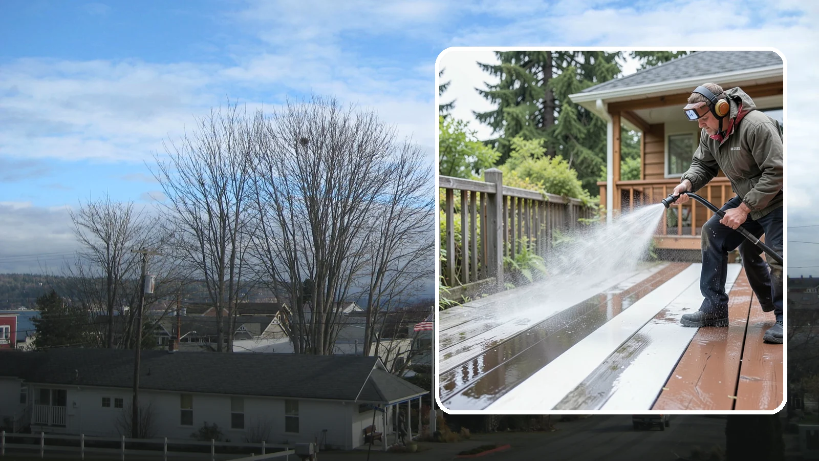 Deck Washing in Langley, Island County, WA - Soft wash decks to lift grey weathering and green growth without gouging the wood.