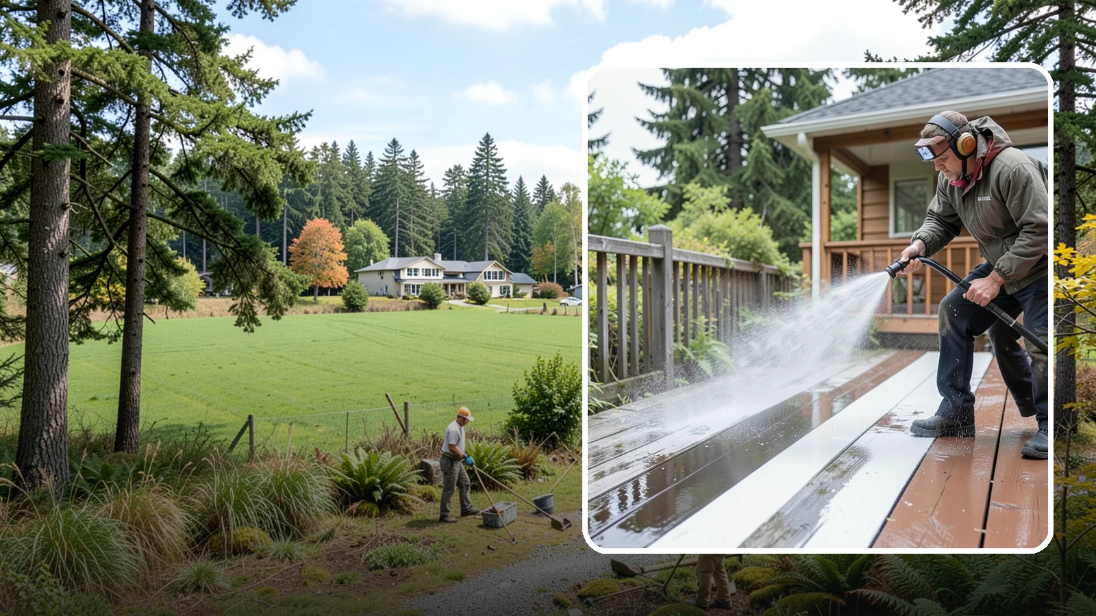Deck Washing in Lyman, Skagit County, WA - Soft wash decks to lift grey weathering and green growth without gouging the wood.