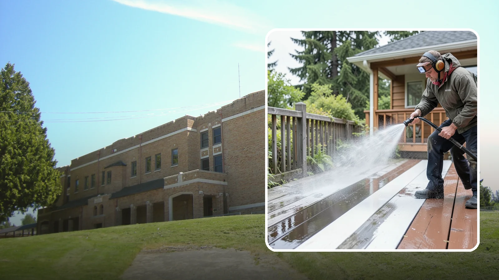 Deck Washing in Maple Valley, King County, WA - Soft wash decks to lift grey weathering and green growth without gouging the wood.