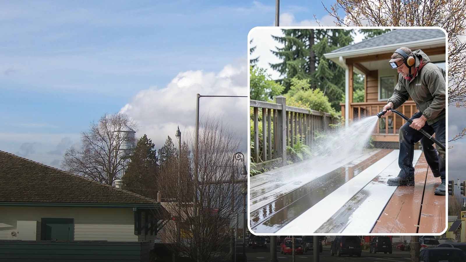 Deck Washing in Marysville, Snohomish County, WA - Soft wash decks to lift grey weathering and green growth without gouging the wood.