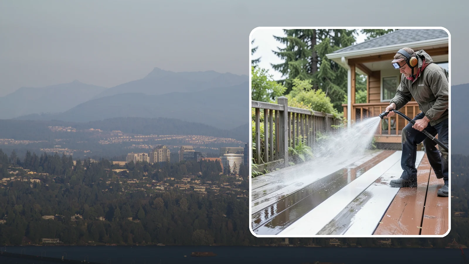 Deck Washing in Medina, King County, WA - Soft wash decks to lift grey weathering and green growth without gouging the wood.