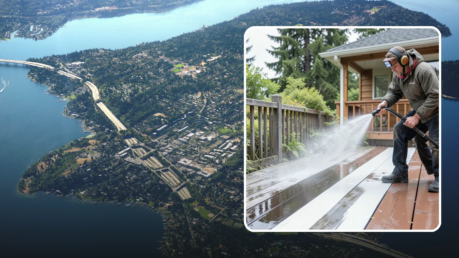 Deck Washing in Mercer Island, King County, WA - Soft wash decks to lift grey weathering and green growth without gouging the wood.