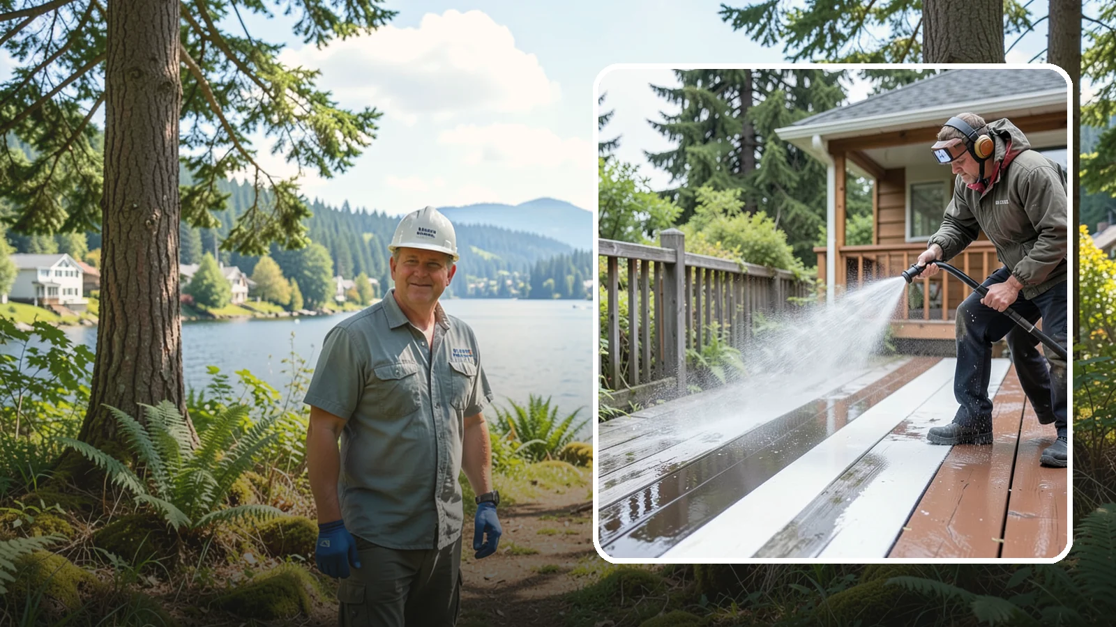Deck Washing in Milton, King County, WA - Soft wash decks to lift grey weathering and green growth without gouging the wood.