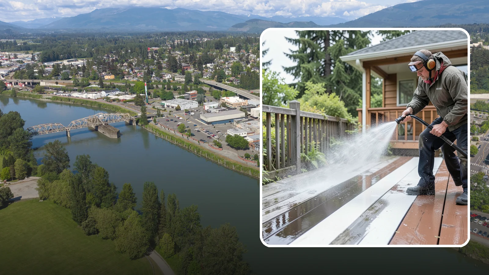 Deck Washing in Mount Vernon, Skagit County, WA - Soft wash decks to lift grey weathering and green growth without gouging the wood.