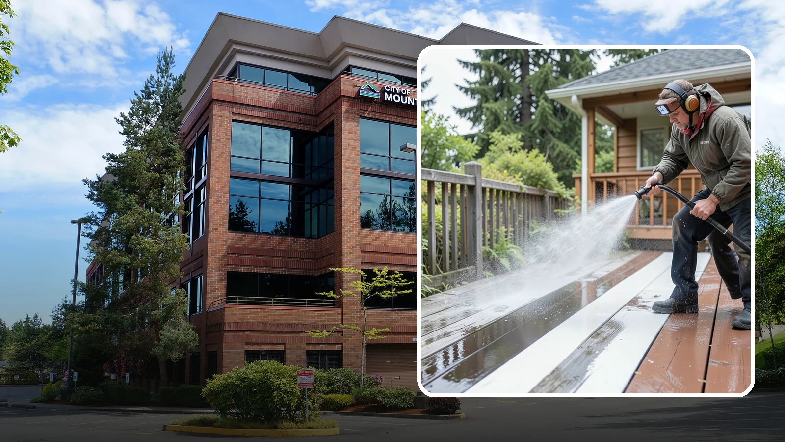 Deck Washing in Mountlake Terrace, Snohomish County, WA - Soft wash decks to lift grey weathering and green growth without gouging the wood.