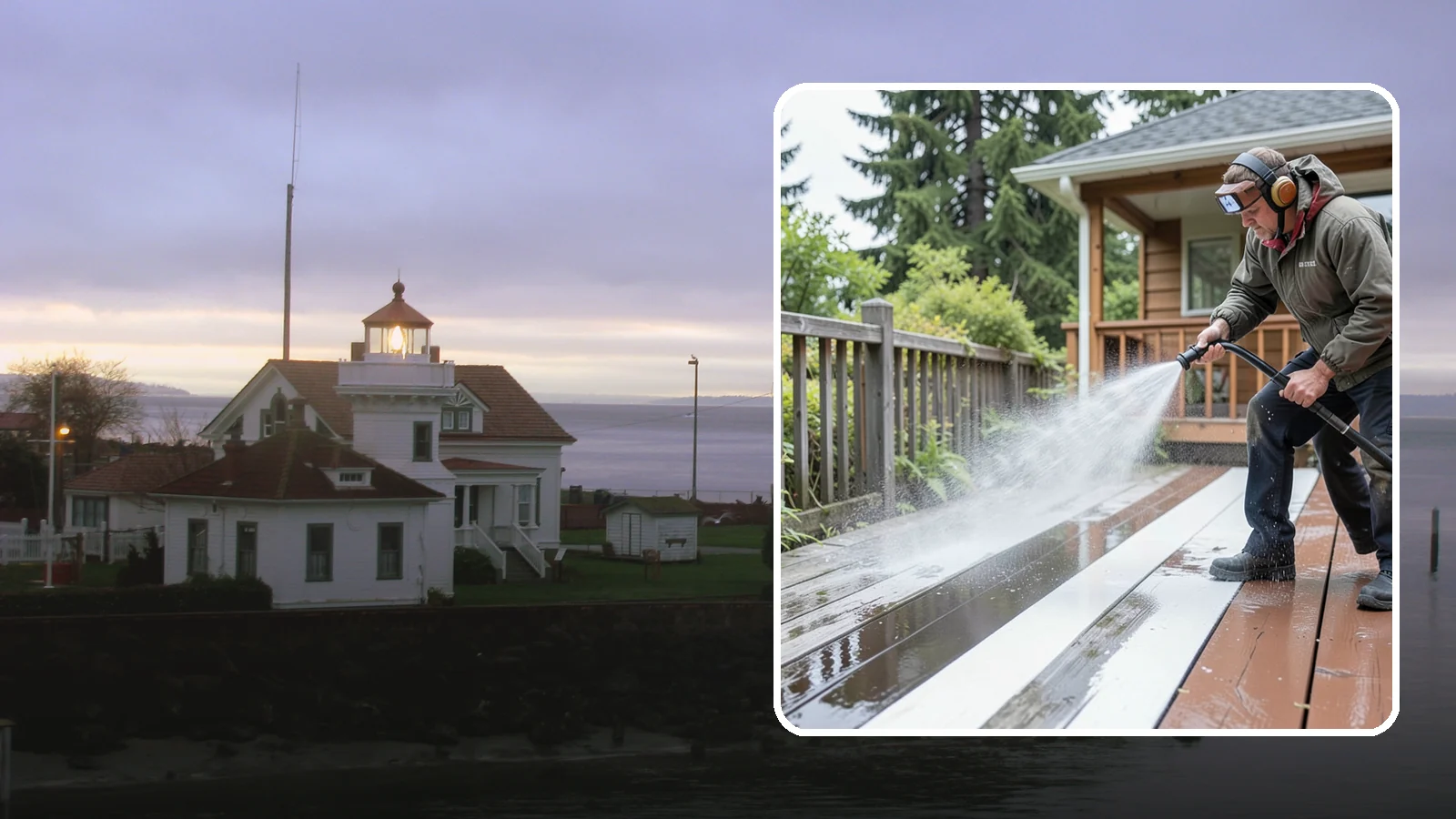 Deck Washing in Mukilteo, Snohomish County, WA - Soft wash decks to lift grey weathering and green growth without gouging the wood.