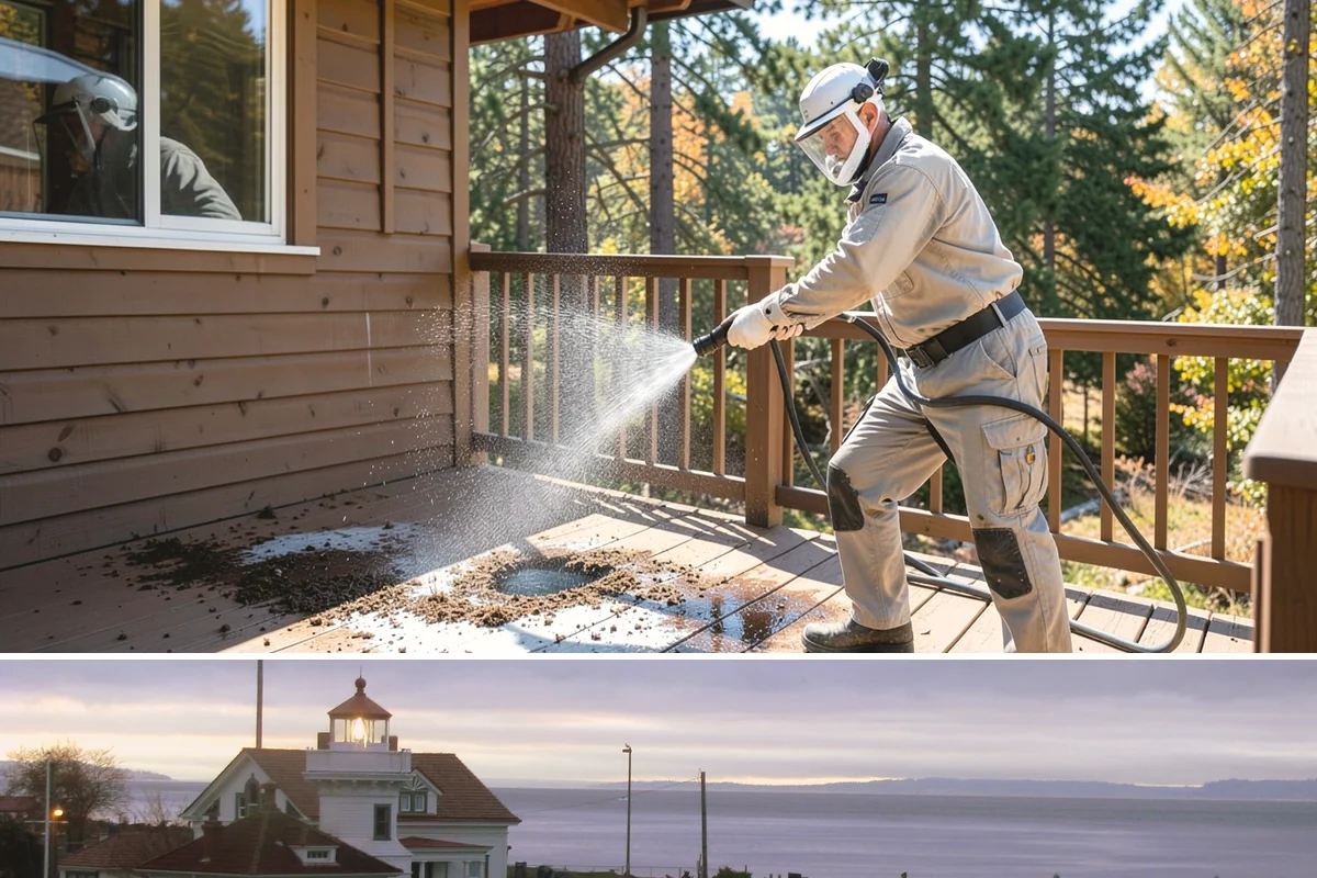 Deck Washing in Mukilteo, Snohomish County, WA - Wash decks in early summer so the wood can dry and take a finish before fall.