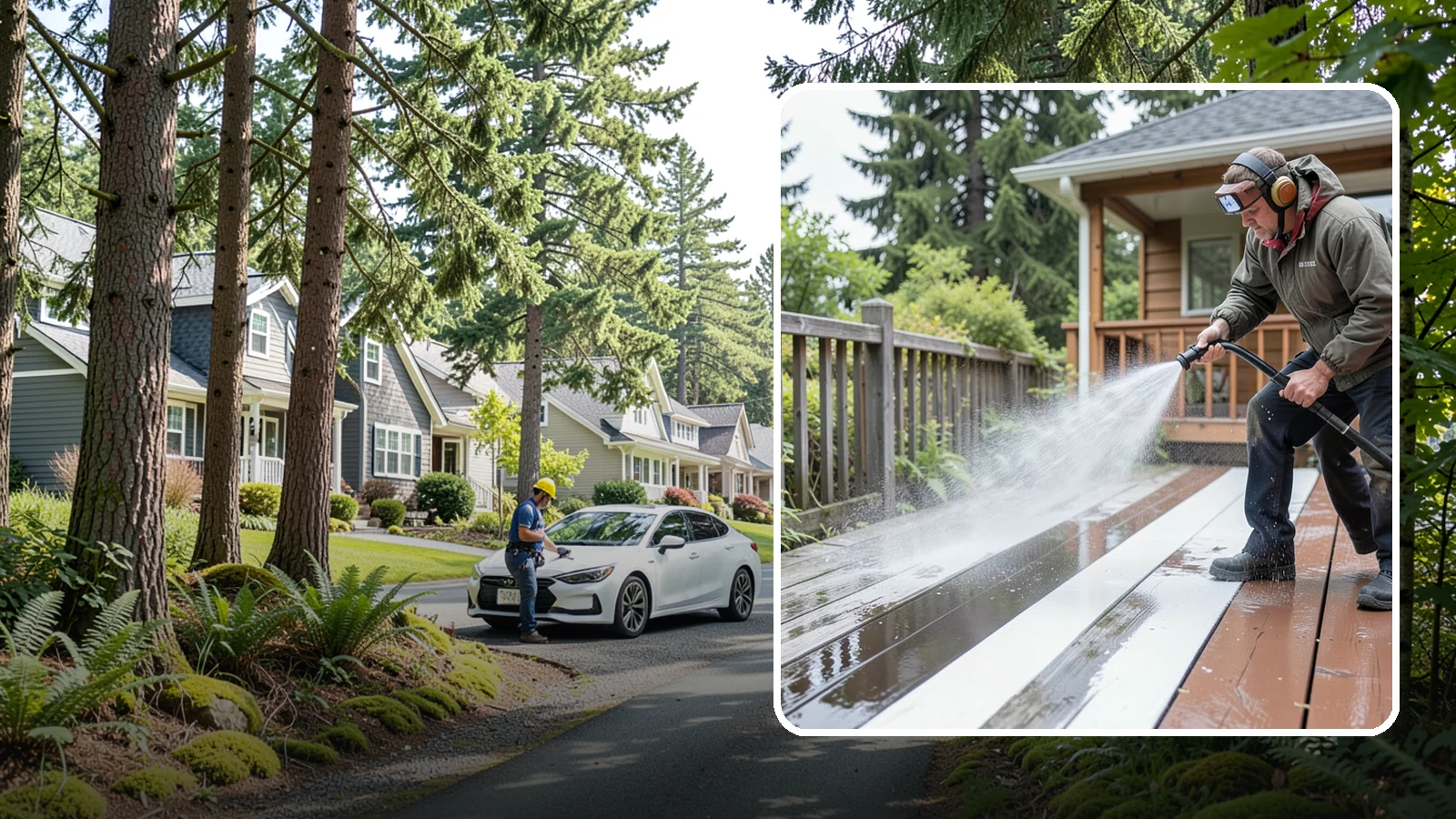Deck Washing in Normandy Park, King County, WA - Soft wash decks to lift grey weathering and green growth without gouging the wood.