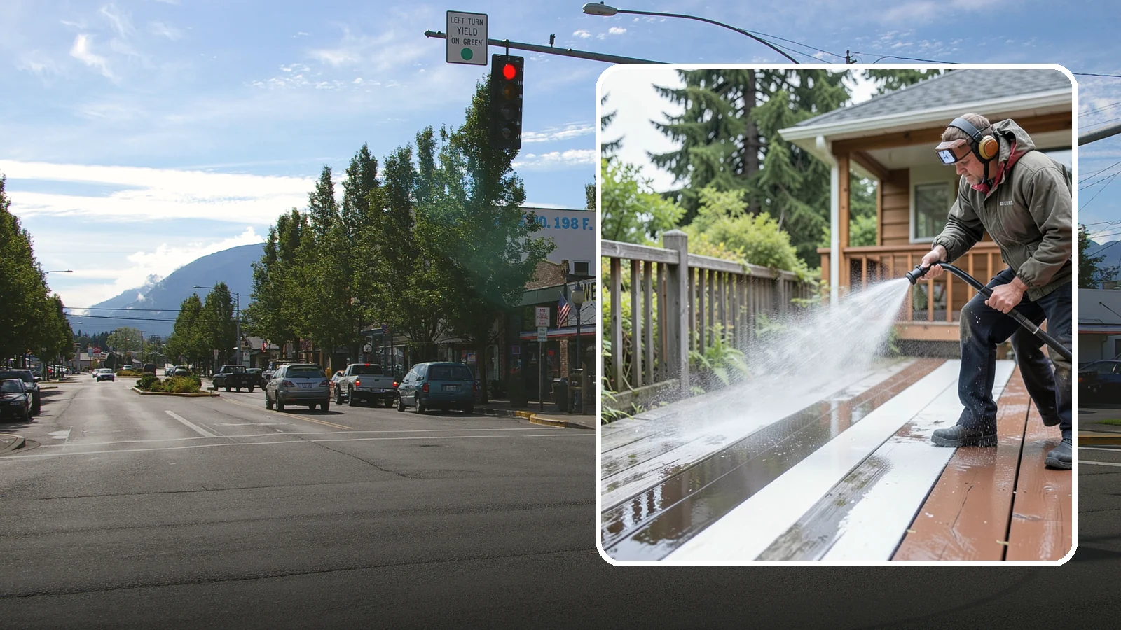 Deck Washing in North Bend, King County, WA - Soft wash decks to lift grey weathering and green growth without gouging the wood.