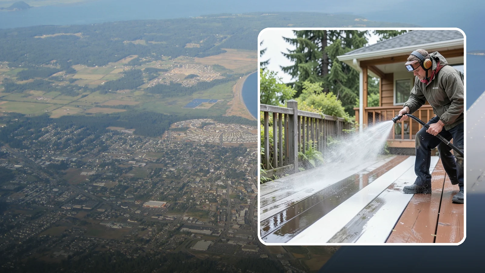Deck Washing in Oak Harbor, Island County, WA - Soft wash decks to lift grey weathering and green growth without gouging the wood.