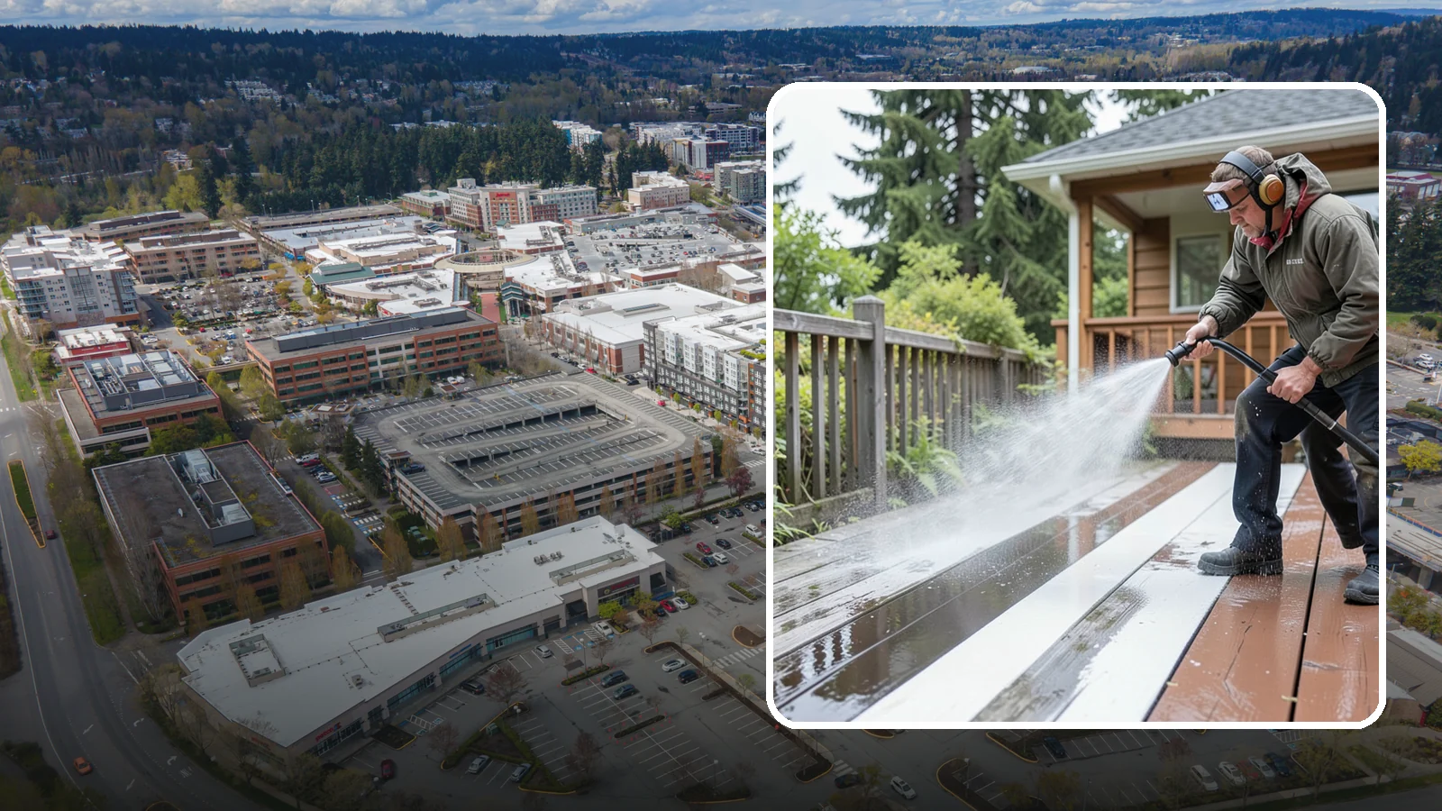 Deck Washing in Redmond, King County, WA - Soft wash decks to lift grey weathering and green growth without gouging the wood.
