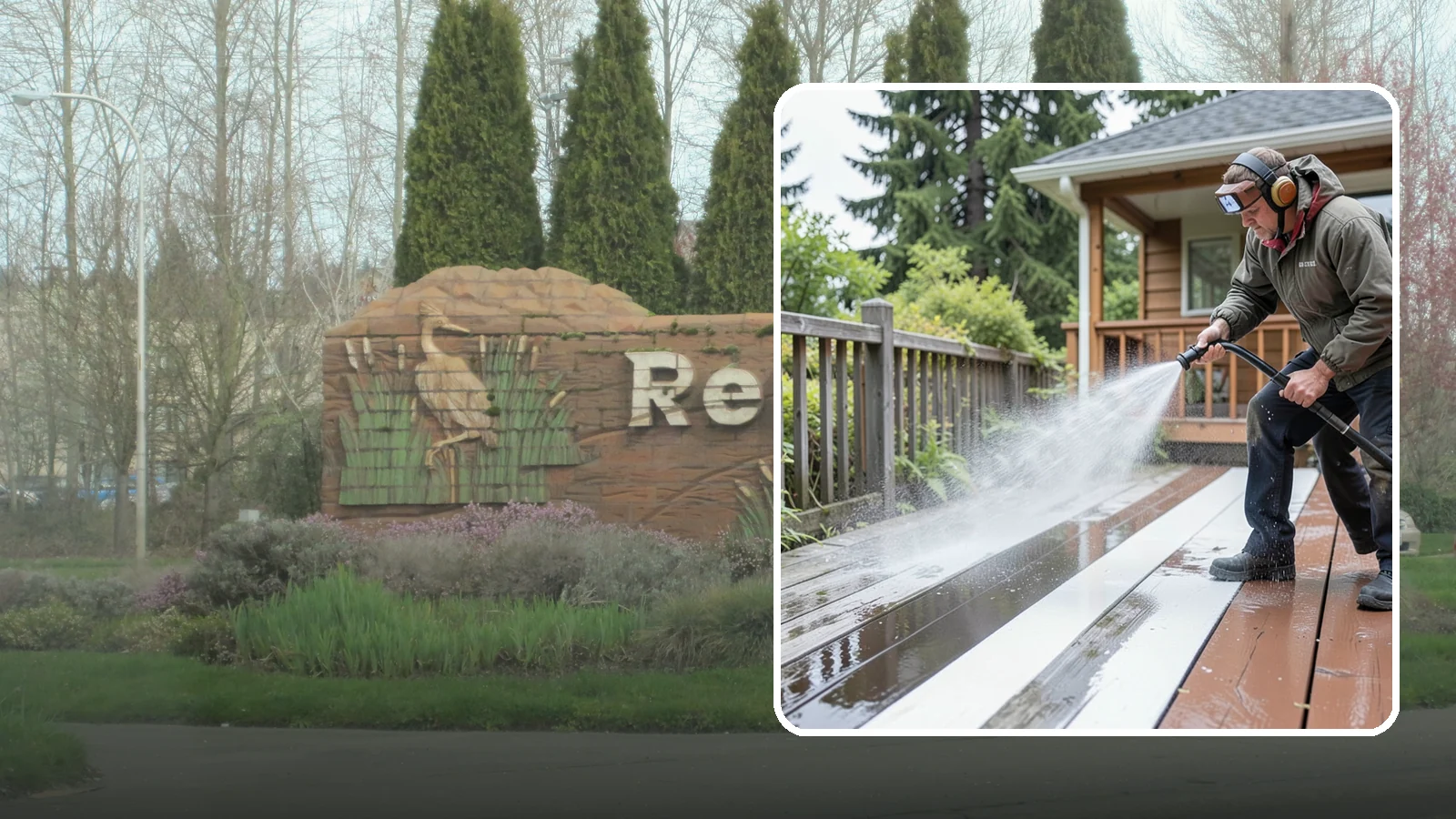 Deck Washing in Renton, King County, WA - Soft wash decks to lift grey weathering and green growth without gouging the wood.