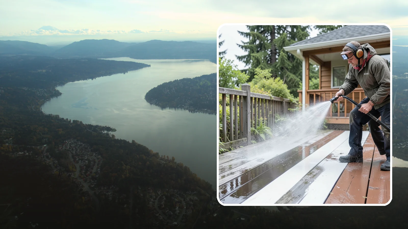 Deck Washing in Sammamish, King County, WA - Soft wash decks to lift grey weathering and green growth without gouging the wood.
