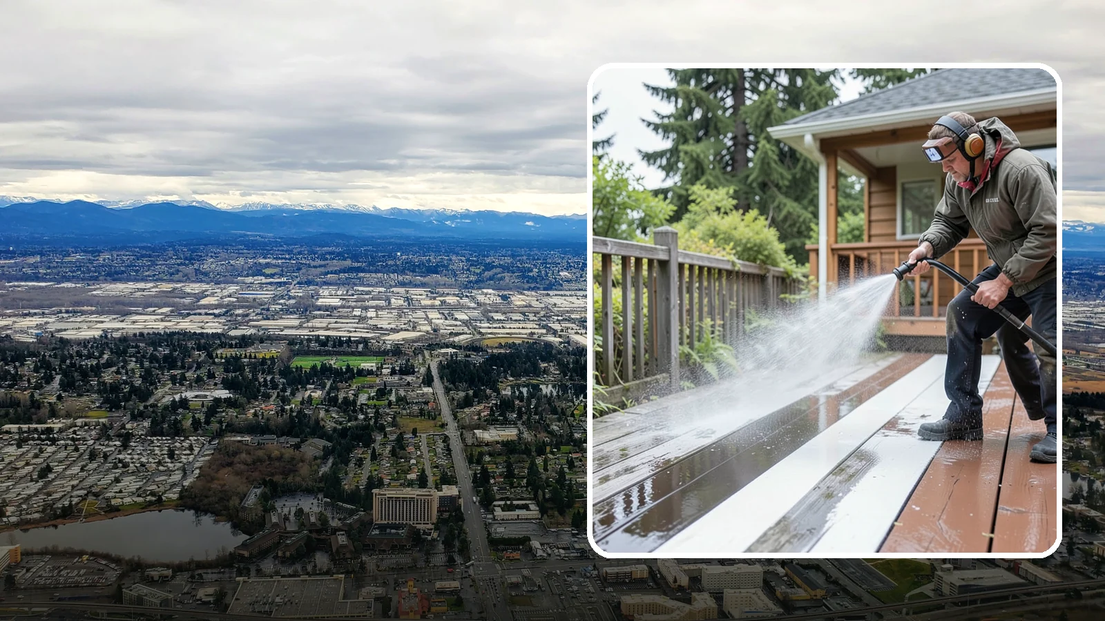 Deck Washing in SeaTac, King County, WA - Soft wash decks to lift grey weathering and green growth without gouging the wood.