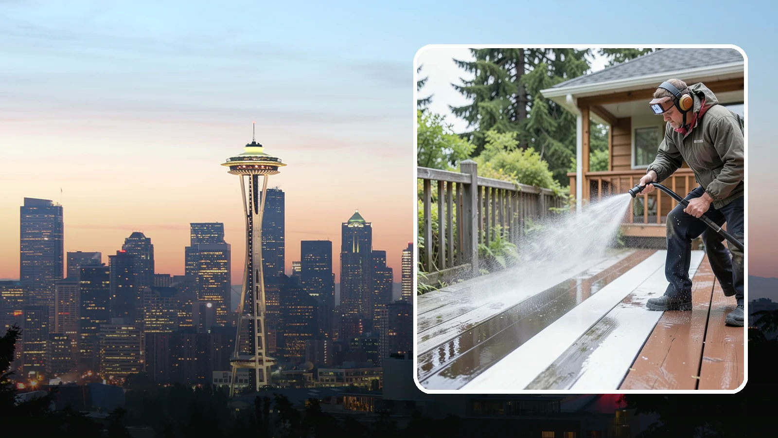 Deck Washing in Seattle, King County, WA - Soft wash decks to lift grey weathering and green growth without gouging the wood.