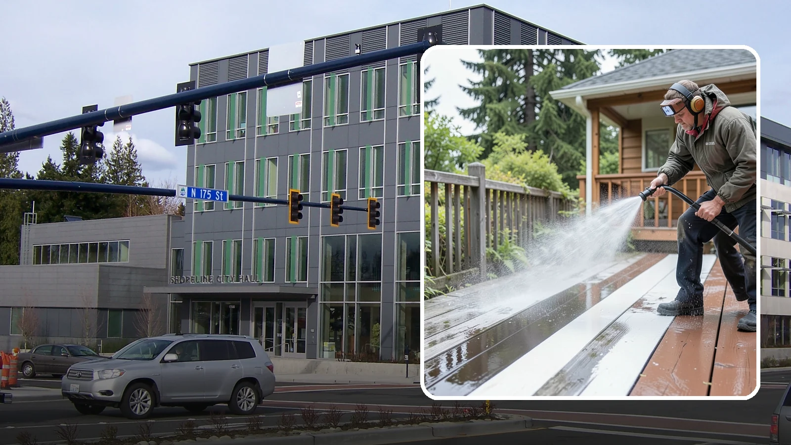 Deck Washing in Shoreline, King County, WA - Soft wash decks to lift grey weathering and green growth without gouging the wood.
