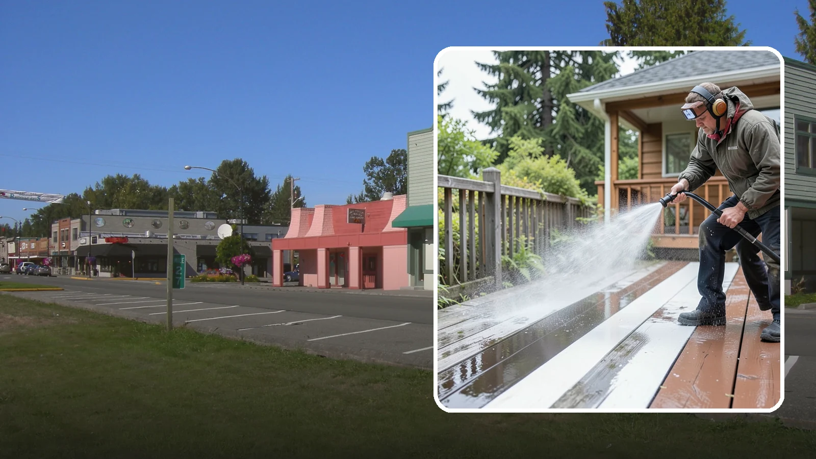 Deck Washing in Snoqualmie, King County, WA - Soft wash decks to lift grey weathering and green growth without gouging the wood.