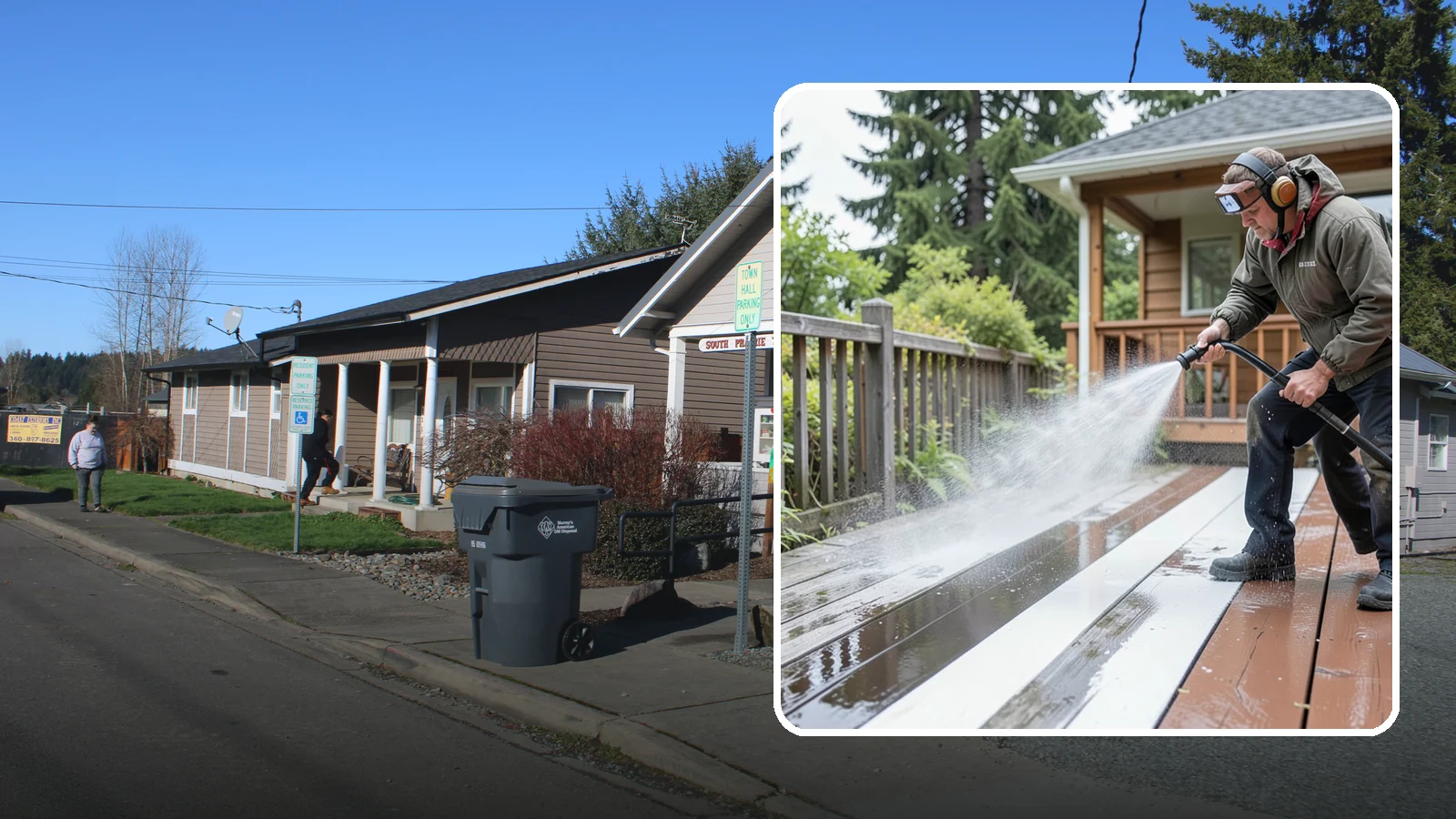 Deck Washing in South Prairie, Pierce County, WA - Soft wash decks to lift grey weathering and green growth without gouging the wood.