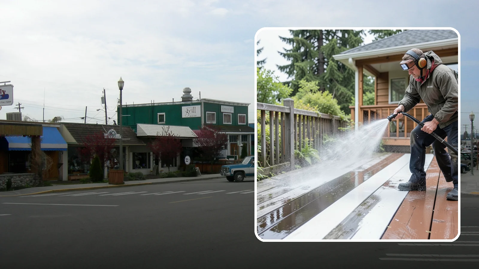Deck Washing in Stanwood, Snohomish County, WA - Soft wash decks to lift grey weathering and green growth without gouging the wood.