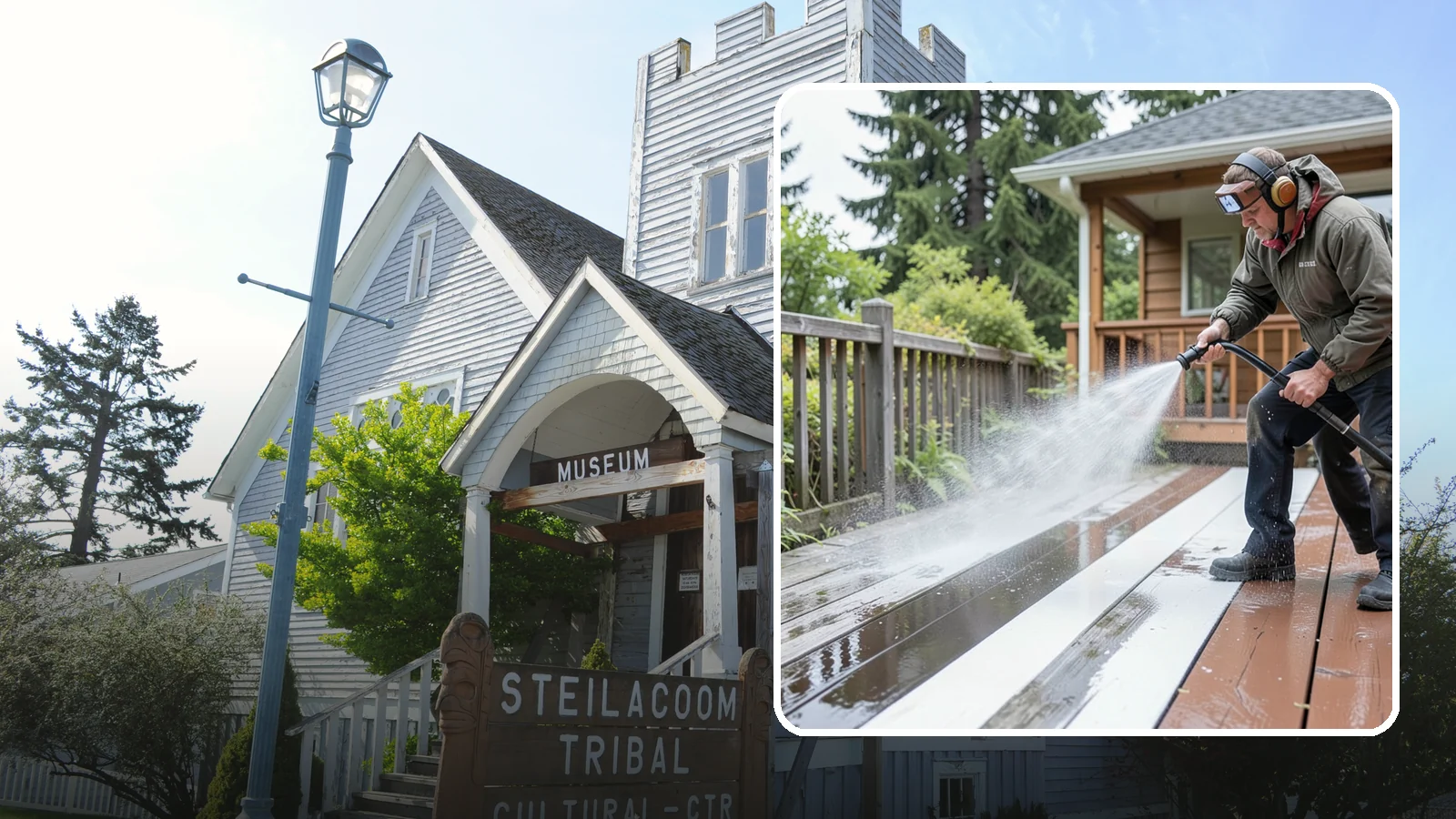 Deck Washing in Steilacoom, Pierce County, WA - Soft wash decks to lift grey weathering and green growth without gouging the wood.