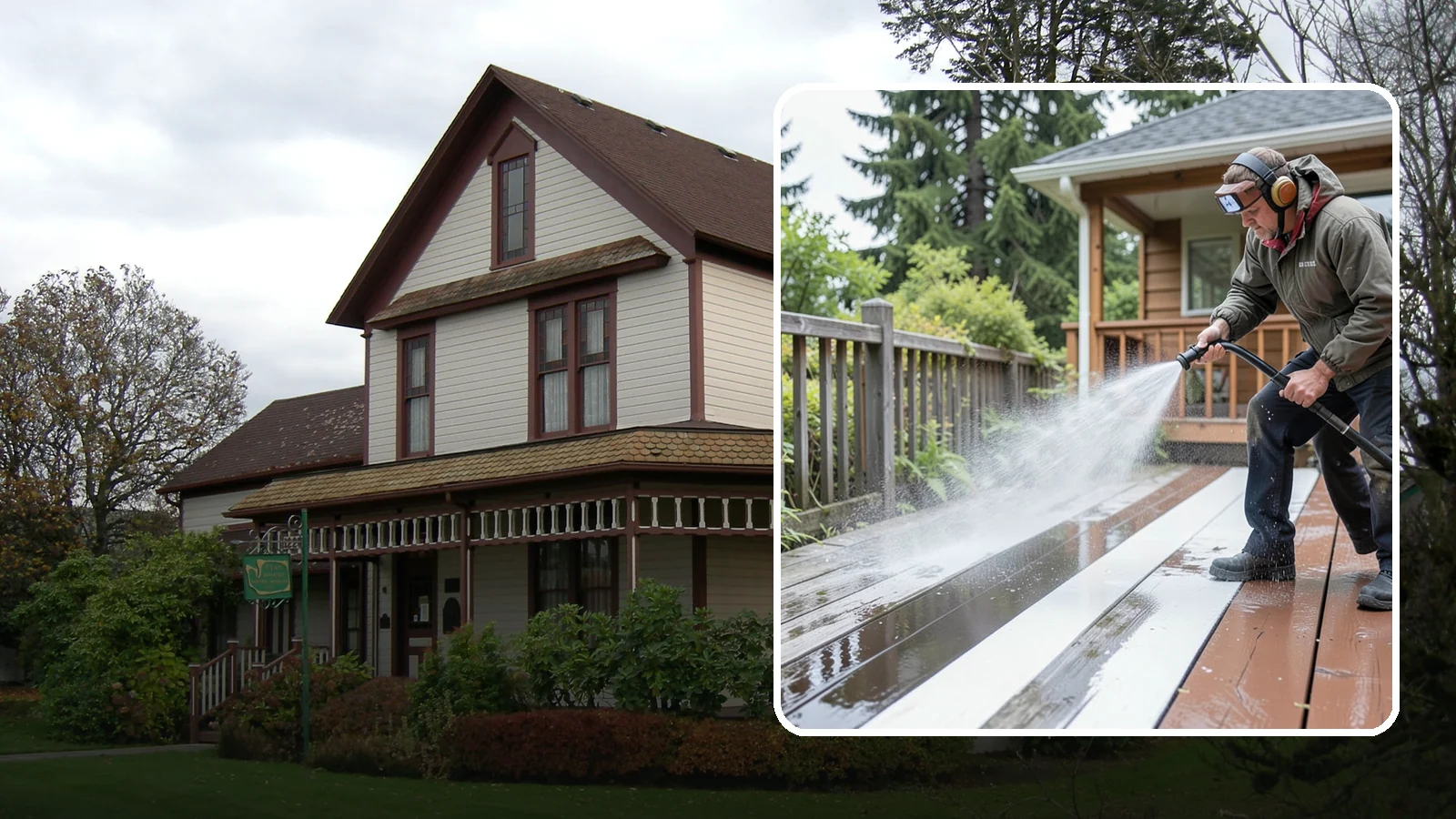 Deck Washing in Sumner, Pierce County, WA - Soft wash decks to lift grey weathering and green growth without gouging the wood.